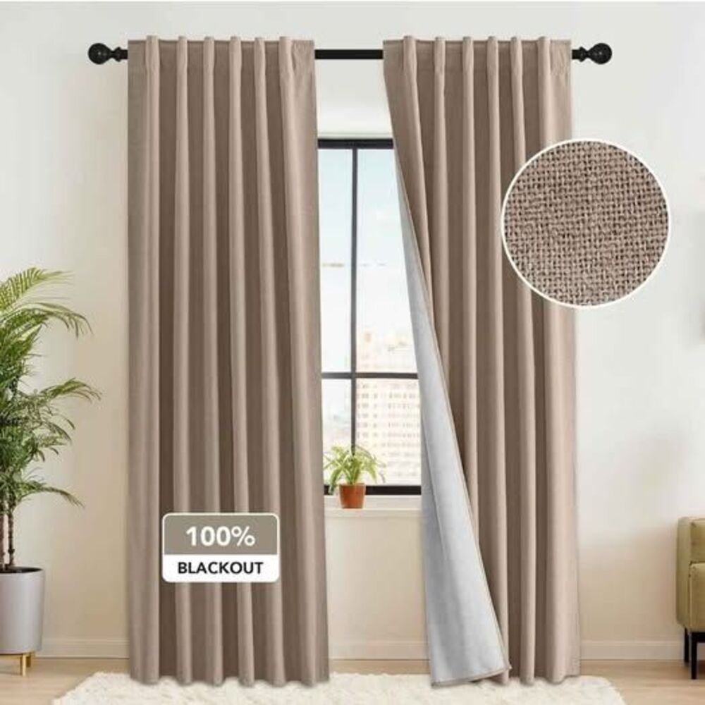 96'' L/ 100% Blackout faux linen curtains mocha beige 2-panels